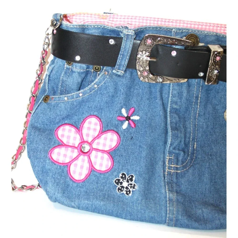 Denim Jean Purse Belt Key Chain Pink Flower Embellished Y2K Shoulder Trendy Bag
